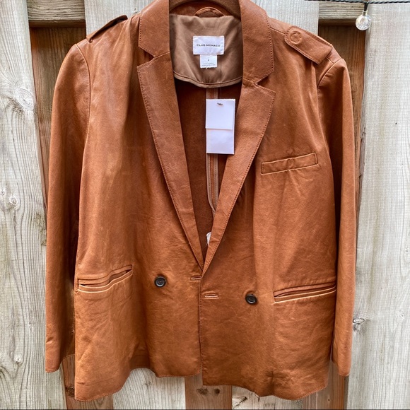 BNWT CLUB MONACO DOUBLE BREASTED GENUINE LEATHER BLAZER JACKET in SADDLE BROWN - Picture 9 of 15